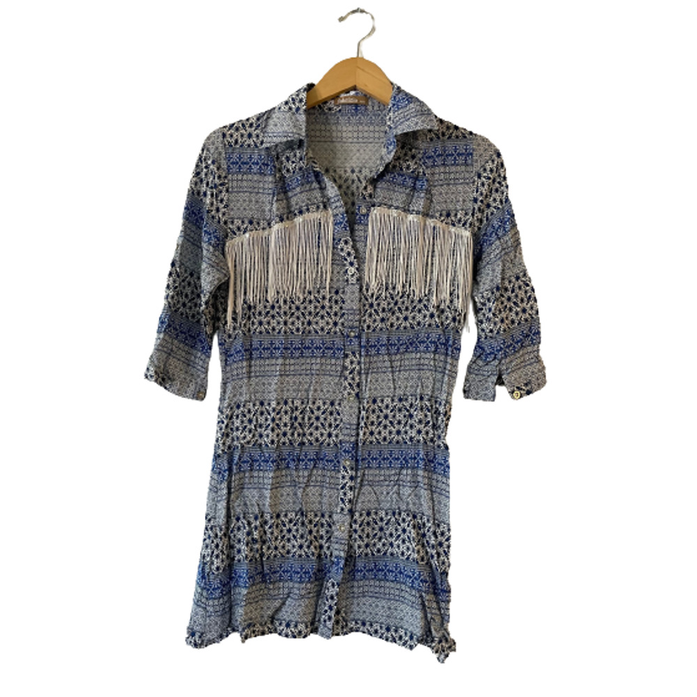 Fabrizio‎ Size M Fringe Studded Blouse Shirt Top Floral Stripe Boho Button Up